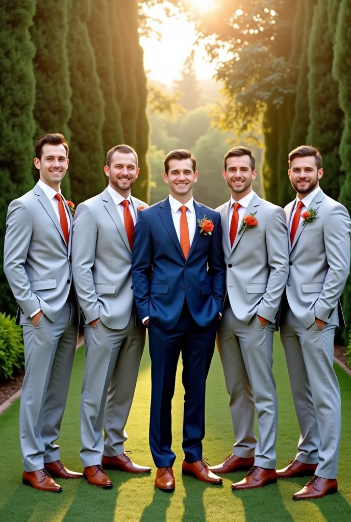 6 groomsmen in light gray chrome suits with terracotta colored ties and the groom in blue suit in the middle