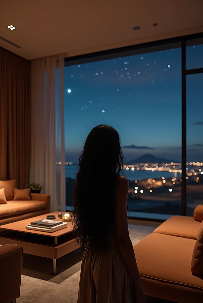 african girl, 19 ans, long black hair, in a large luxury modern living room, tan furniture, dark lighting, night, panoramic view of italy out of the window, naked
