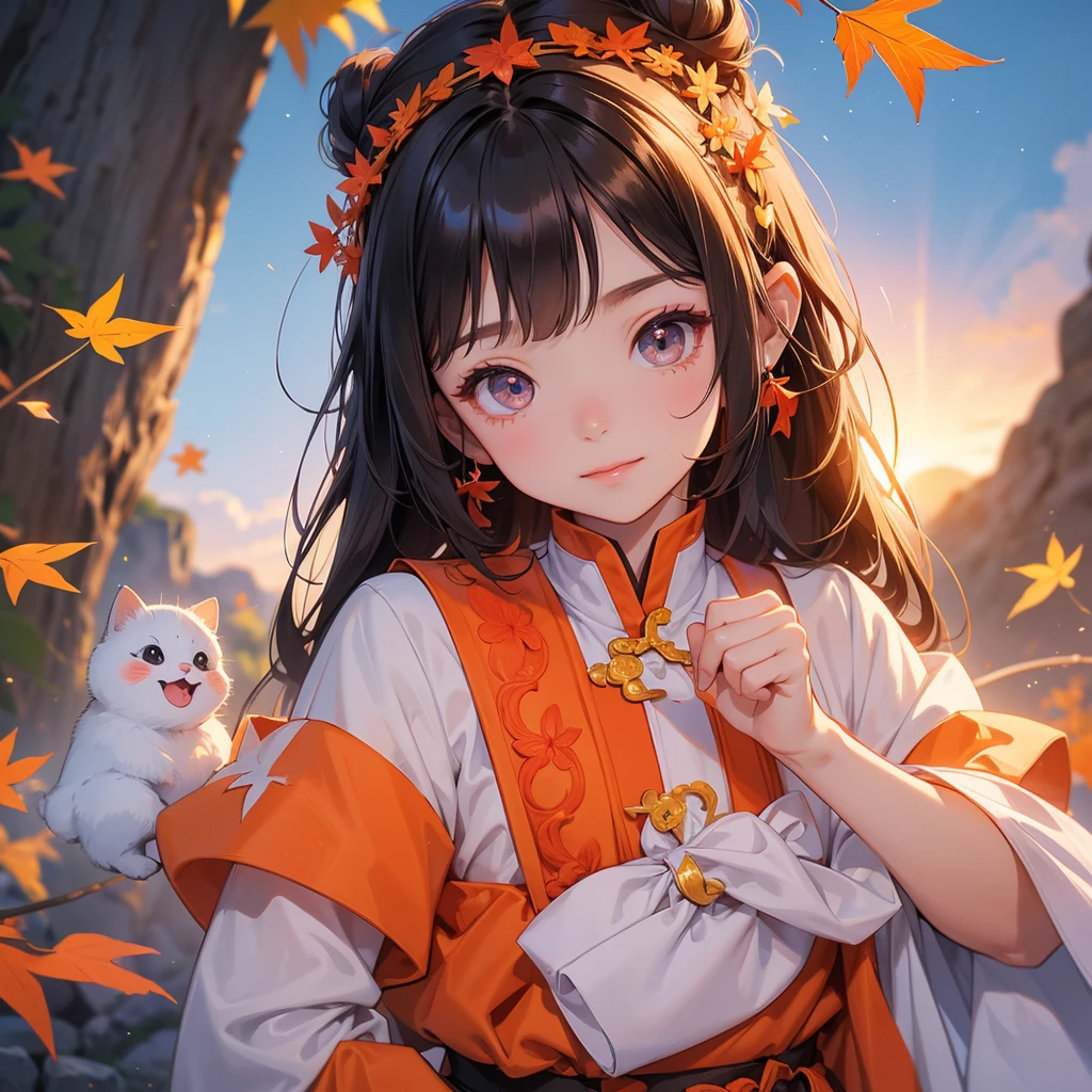 A chibi child girl had a small face and Wearing a little Taoist priest's outfit. A pair of big round eyes shone with curiosity about him. This child was so cute! The backdrop is a mountain that turns orange-red in spring, and maple leaves fall from the trees, her hair is black with two buns on her hair.small chibi, chibi baby, smiling ,Chibi. Sunset.close up