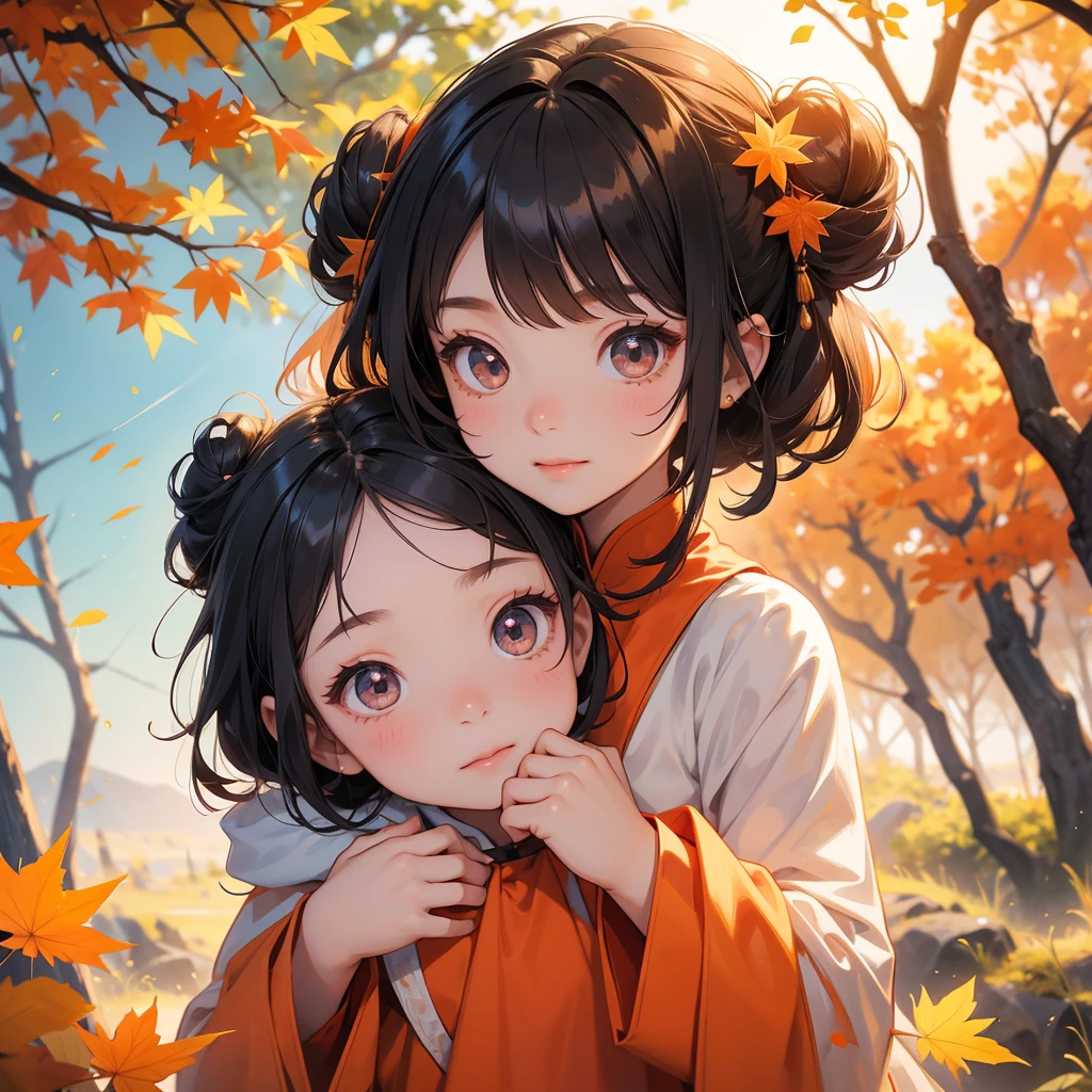 A chibi  girl had a small and Wearing a little Taoist priest's outfit. A pair of big round eyes shone with curiosity about him. This child was te! The backdrop is a mountain that turns orange-red in spring, and maple leaves fall from the trees, her hair is black with two buns on her hair.small chibi, chaby, smiling ,Chibinset.close up
