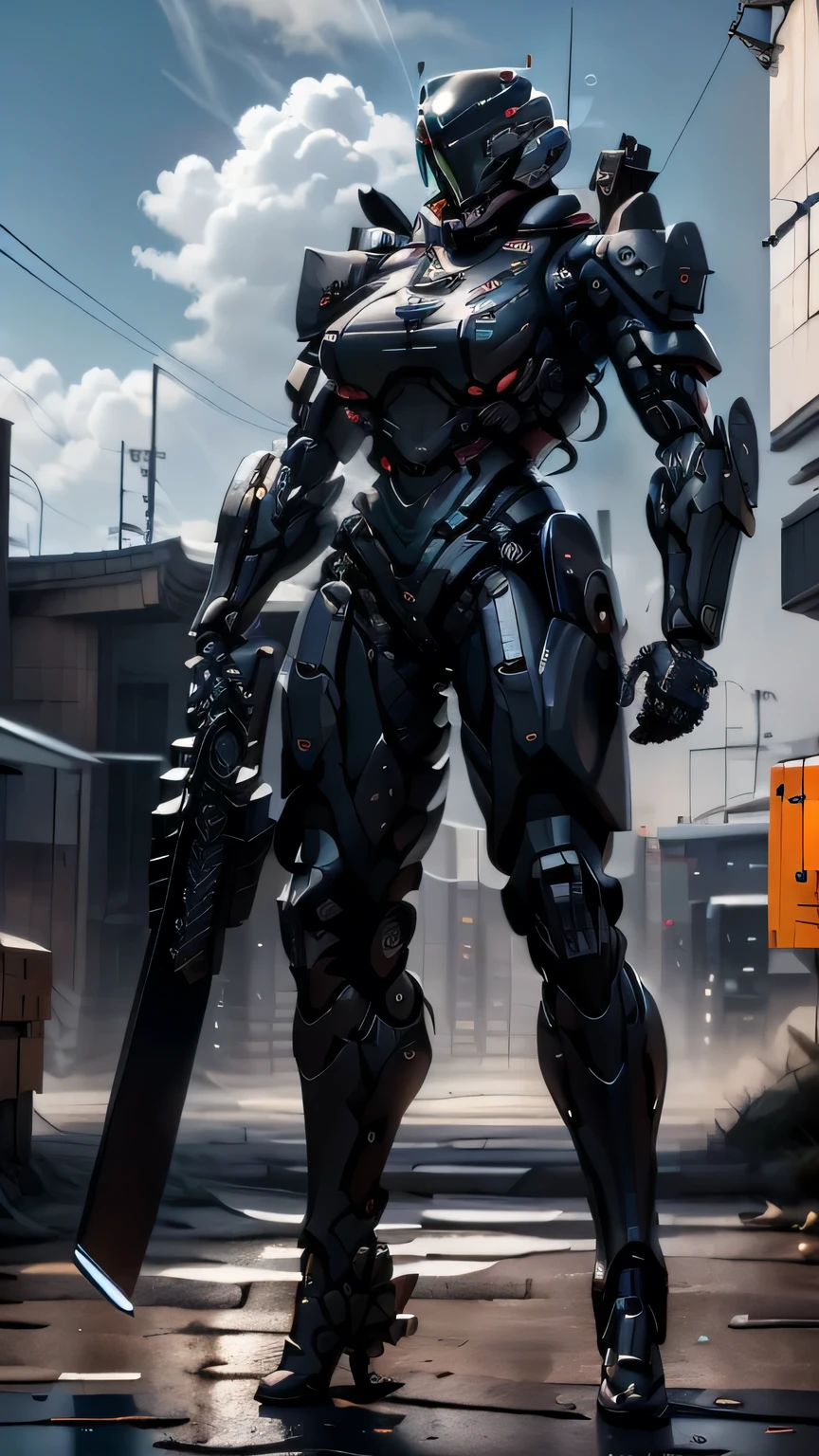 masterpiece, best quality, full body standing, raytraced, realistic lighting and shadows, katana and shield, Mechanical spine linkage enhanced exoskeleton integrated combat suit, big breasts, long legs, robot, swat team, pure energy, bulletproof vest