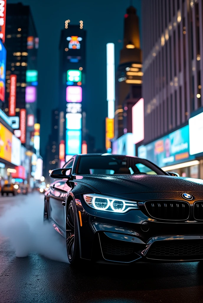 Black bmw car on city at night with smoke