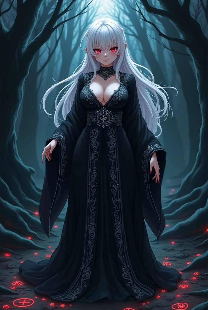 I want an albino in anime , chubby, well-proportioned with good hips, red eyes and semi-curly hair, a witch dressed in black, imposing but very seductive, of medium and thick build