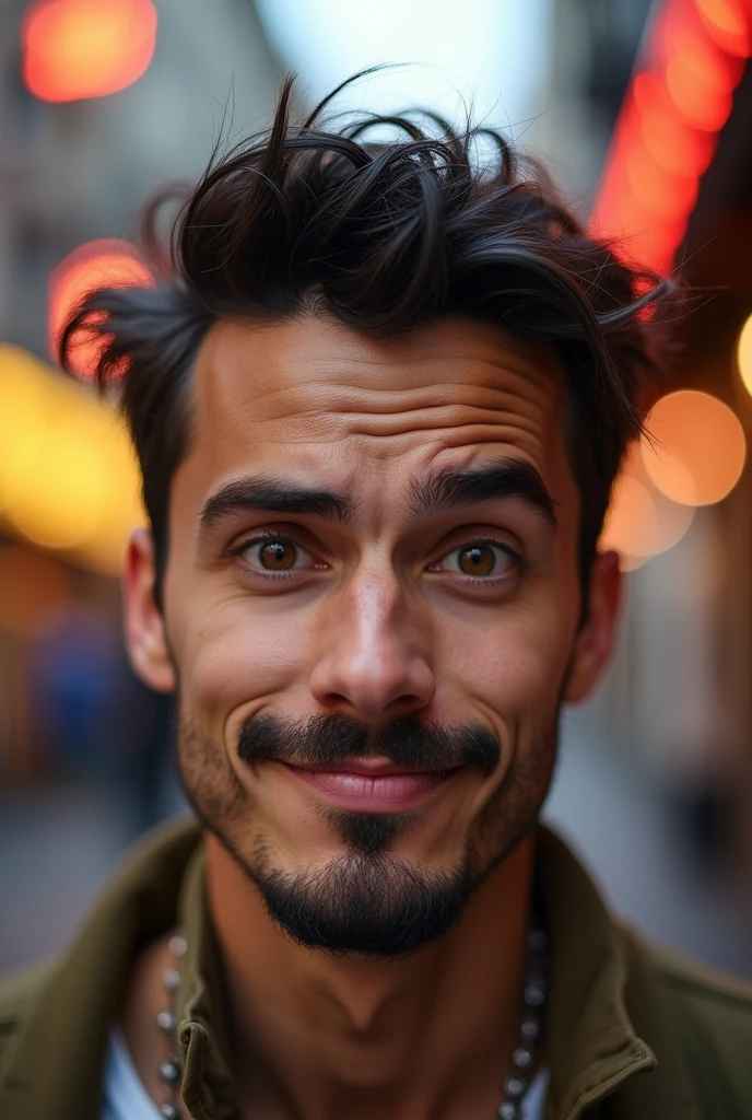 naughty man , very short hair, half yellow skin, eyes browns, medium nose medium mouth, Mustache and goatee