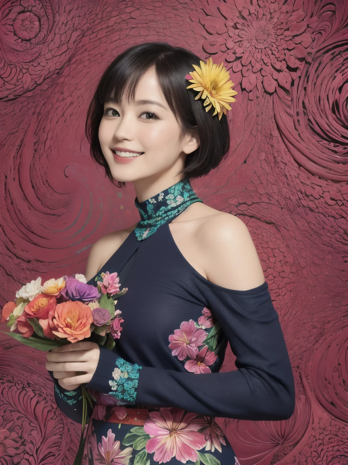 273 (20-year-old woman,short hair), (beautiful:1.2), (Fractal Art:1.1), (flower:1.3), whole body, (Abstract background:1.3), (Many colors:1.4), (Old-fashioned smile), (Hawaii), (Wave:1.1)