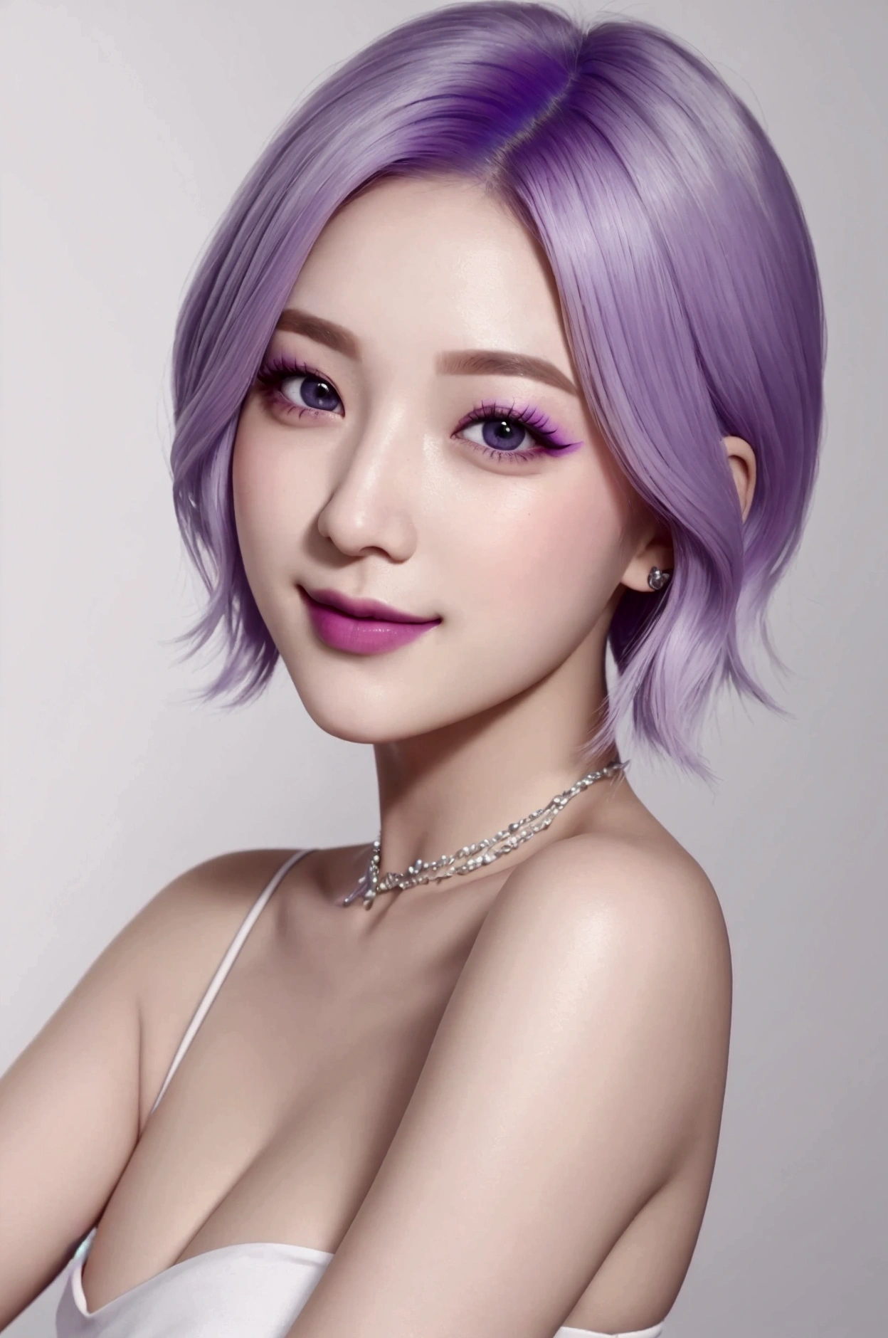 color portrait, Beautiful charismatic 28-year-old influencer girl, lilac hair, short hair, White skin, profiled nose, one grey eye and one brown eye, looking at the camera smiling, rockstar style attire.