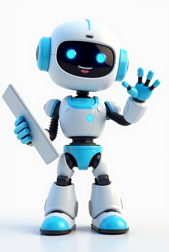 full body white and blue smiling friendly cute nerdy robot 3d character, one hand holding a keyboard, the other hand showing a welcome gesture, standing whitout background
