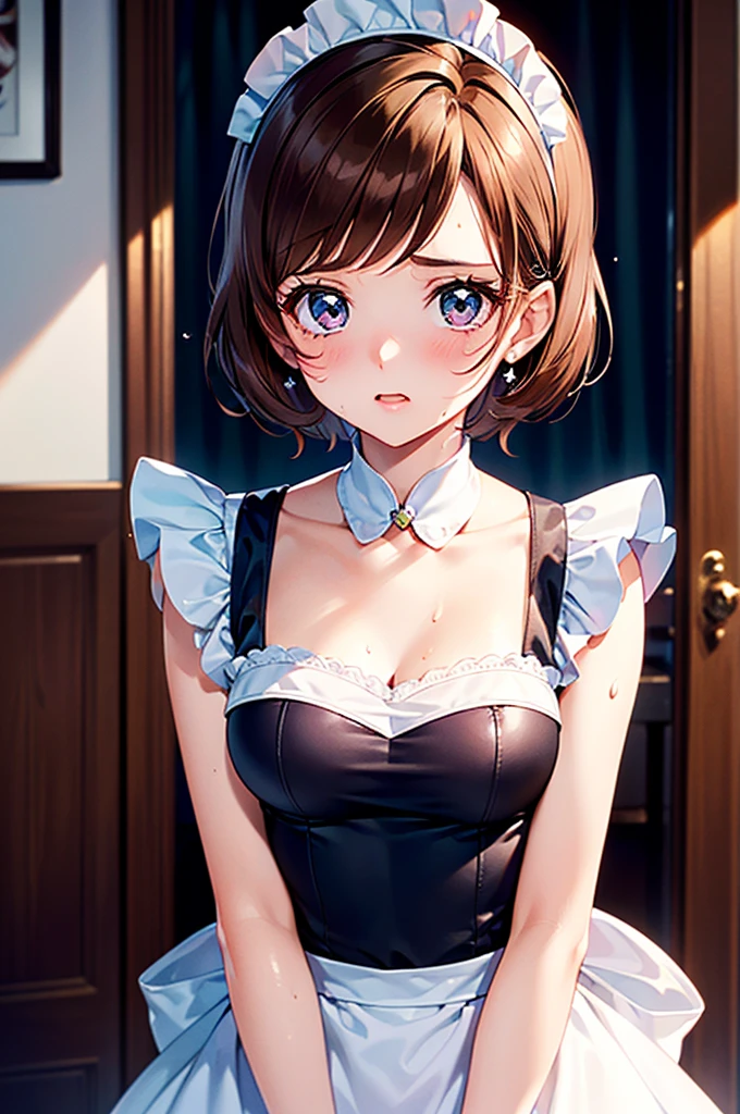 High resolution, Highest quality, super high quality, Very detailed, Cinema Lighting、Sweaty、Sweat、(((Brown hair short cut、50Madame Precure, 20 years old, high-class maid's blowjob、((Pussy)))))(((、、(((Embarrassed and blushing)))、Bedside)))、