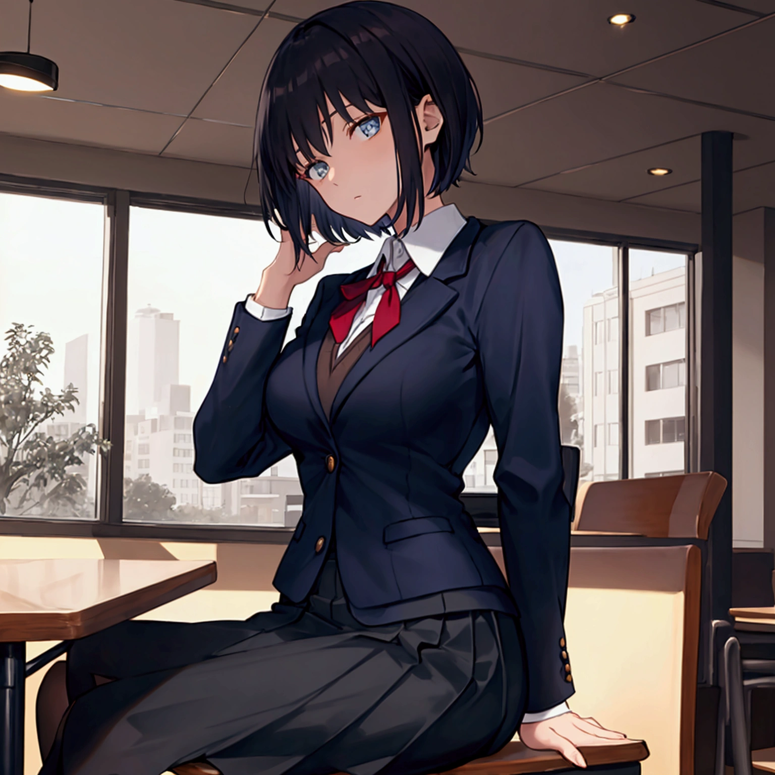 Coffee shop background, school uniform, dark sweater, tied sweater on hips, dark blue blazer,  1woman, solo, dark hair, short hair, shining hair, medium-large breast, sitting behind table, facing viewer, arrogant,