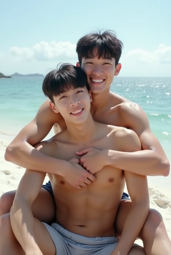 The models are all 2 males aged 18 years old., Good figure with muscles,naked, Total height 2 meters. The two of them looked cheerful and close to each other.. They are Korean., white, and tall. Naked guys , big penis, butt plug. The backdrop is a beach., beautiful sea, white sand, Realistic picture. Sitting down, one hugging the other from behind