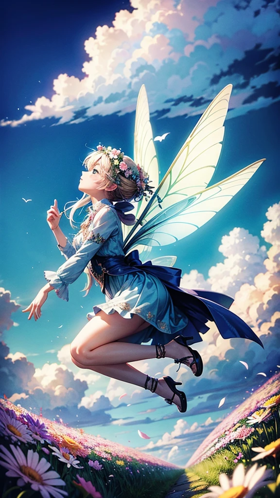 A beautiful fairy flying around flowers in the sky full of clouds