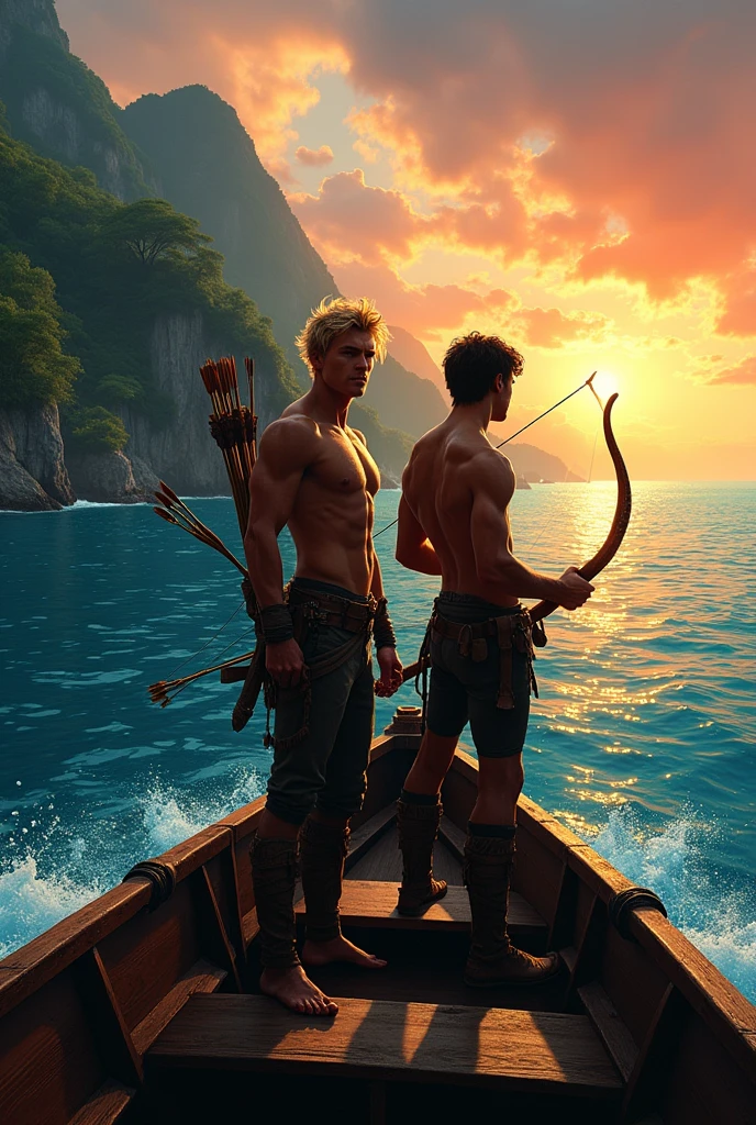 Two mid- twenty men warrior, archers, with bows and arrows, and small daggers in their waists, one is more muscular, and has blond hair color, Crossing the sea, in front of them is a be beautiful Island