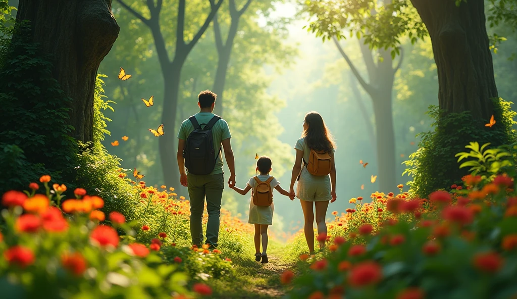 In the forest, Maya, her father and her mother saw tall trees with green leaves. Some trees were very old and big. They also saw colorful flowers, like red and yellow ones. Maya liked the big butterflies flying around the flowers.