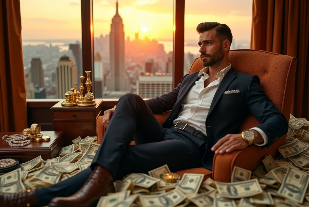 tycoon man, millionaire, bonitas, sitting on dollars