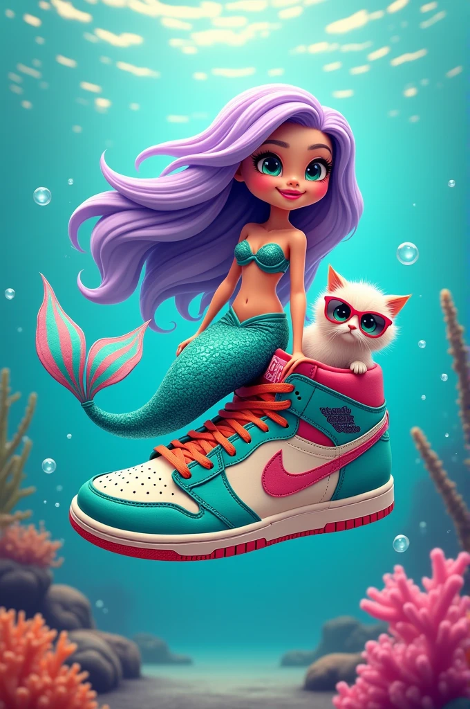 Mermaid logo with sneakers and a cat