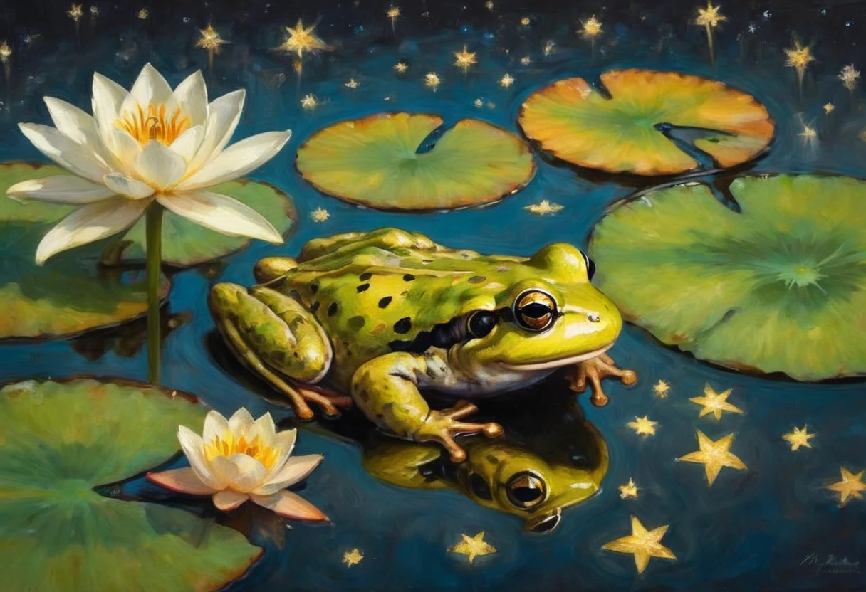 only one lily pad, A frog sitting on a lily pad in a still pond, a few large koi gold and black near the surface, a vivid starry sky is reflected on the water, viewed from above
