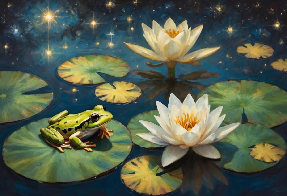 only one lily pad, A frog sitting on a lily pad in a still pond, a few large koi gold and black near the surface, a vivid starry sky is reflected on the water, viewed from above
