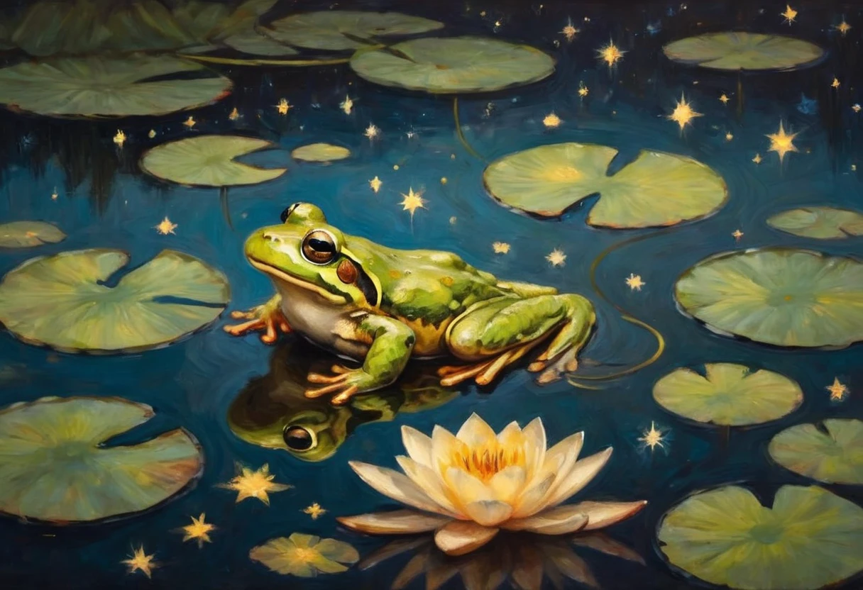 only one lily pad, A frog sitting on a lily pad in a still pond, a few large koi gold and black near the surface, a vivid starry sky is reflected on the water, viewed from above
