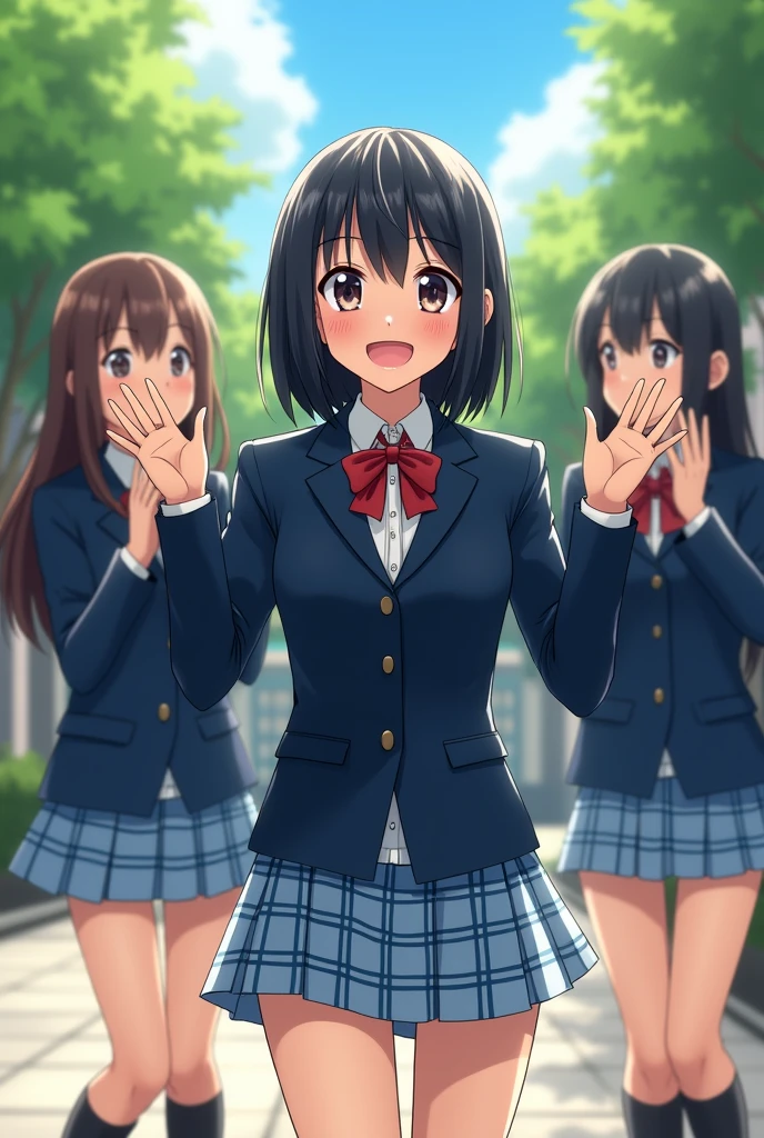 The uniform of a black-haired Japanese high school girl is a blazer with a navy blue top.。
The skirt is light blue and navy checkered.。
The length of her skirt is a little short, her hair is long enough to reach her waist, and her bangs are long enough to cover her eyebrows. She has female friends around her.、Being pranked、It's like a photo composition where you can see the faces of all the people who are in trouble.