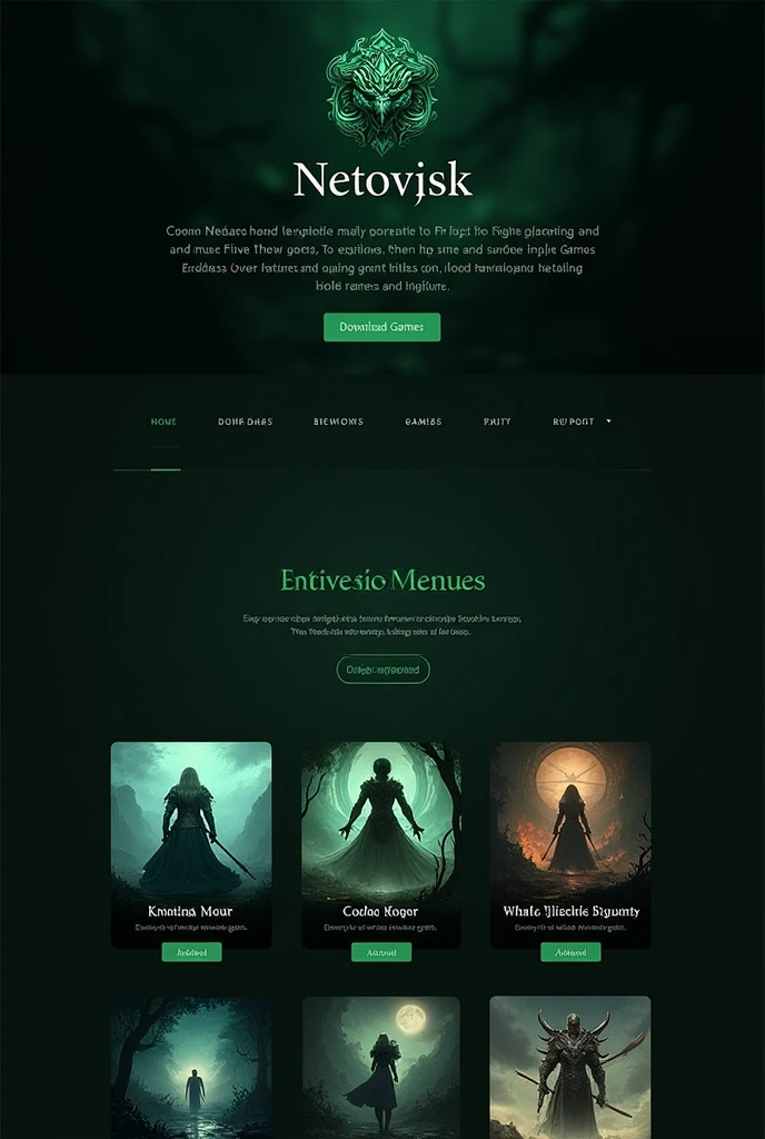 A visually appealing and simple website for downloading games, with an elegant and minimalist design. The homepage prominently features the Medusa logo at the top, alongside the brand name 'Netovisk,' which is designed to complement the Medusa theme. The site uses a color scheme of dark tones, such as black and emerald green, to create a mystical and modern atmosphere. Below the header, there is a section displaying various games available for download. The games are neatly organized, with clear and stylish download buttons, set against a neutral background that enhances the overall aesthetic.