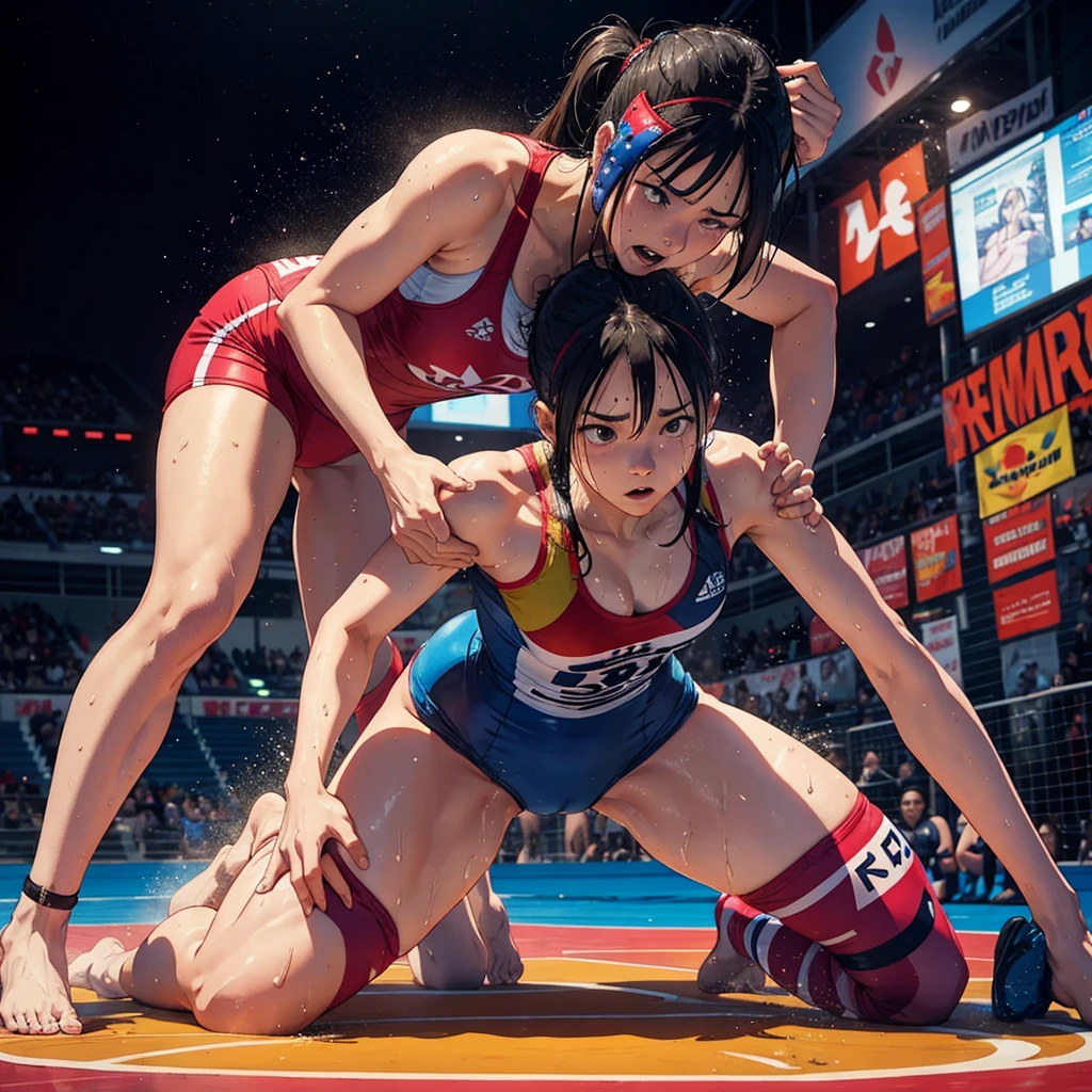 Women freestyle wrestler, sweaty, short hair, wearing in wrestling singlet and sneakers 