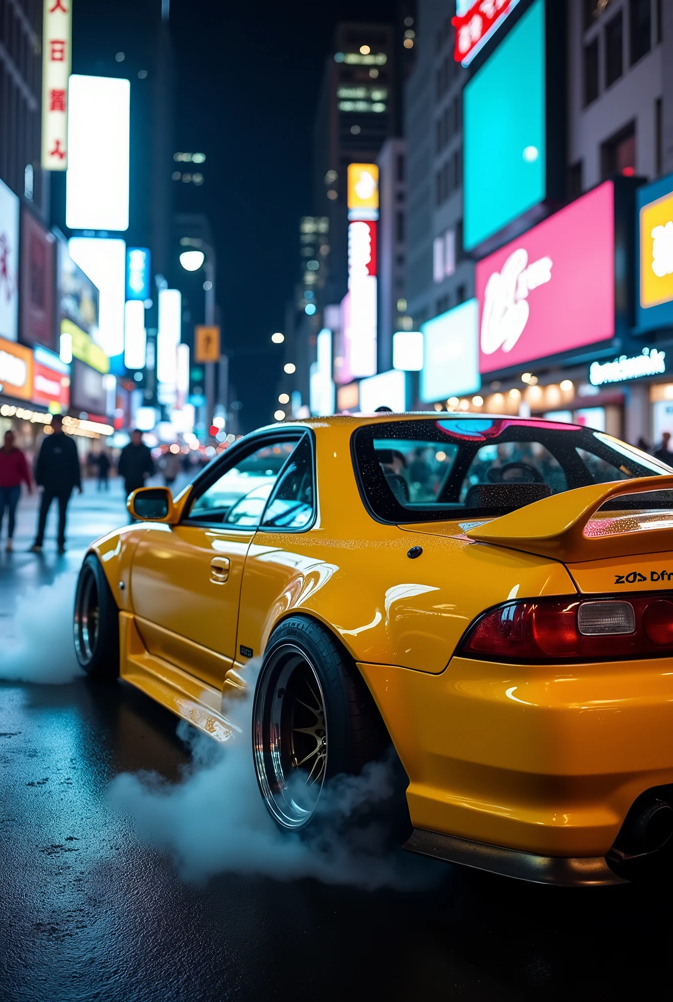 (photorealism:1.2), the civicferio type(glossy yellow)(mugen modified), (side look) at nights in newyork city, very detailed parts, smokes near the tire just like drifting, car lights is on.