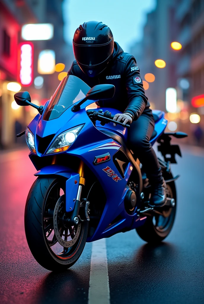 Suzuki gixxer motorcycle in blue with Lyk logo and the name L_Carrillo in jacket