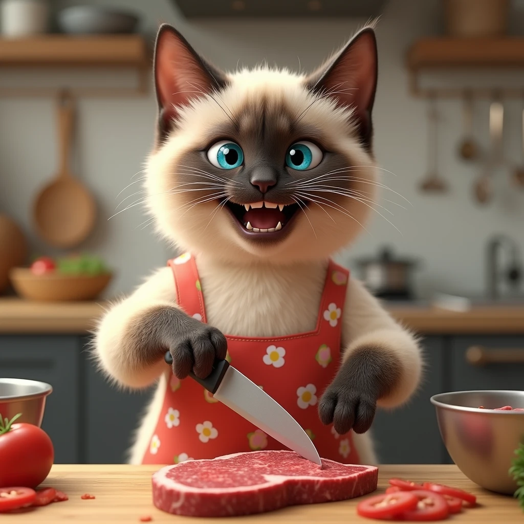 cute big fat siamese cat wear clothes, happy expression, cutting meat beef using knife, focusing look at knife, 
 Use maximum realistic, As in the photo. In the background, draw a clear kitchen without blurring. ultra realistic, 3d render