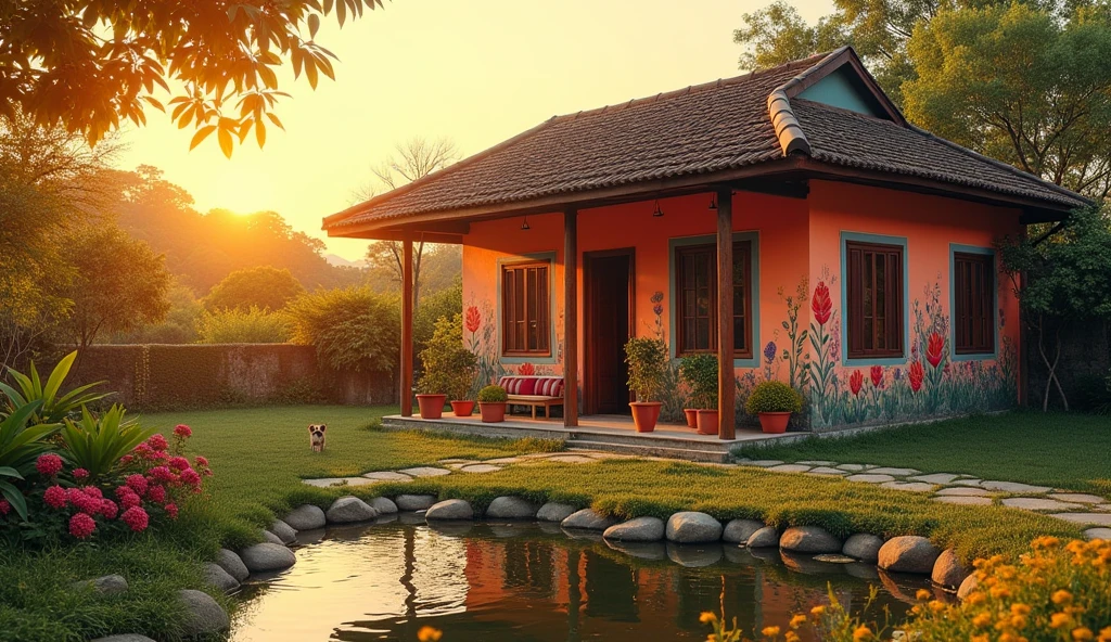 an image of a rural vietnamese villa with the light shining on them, in the style of colorful prisma, small pond, a dg front the house, erased and obscured, multiple flash, iconic album covers, photography, 50mm