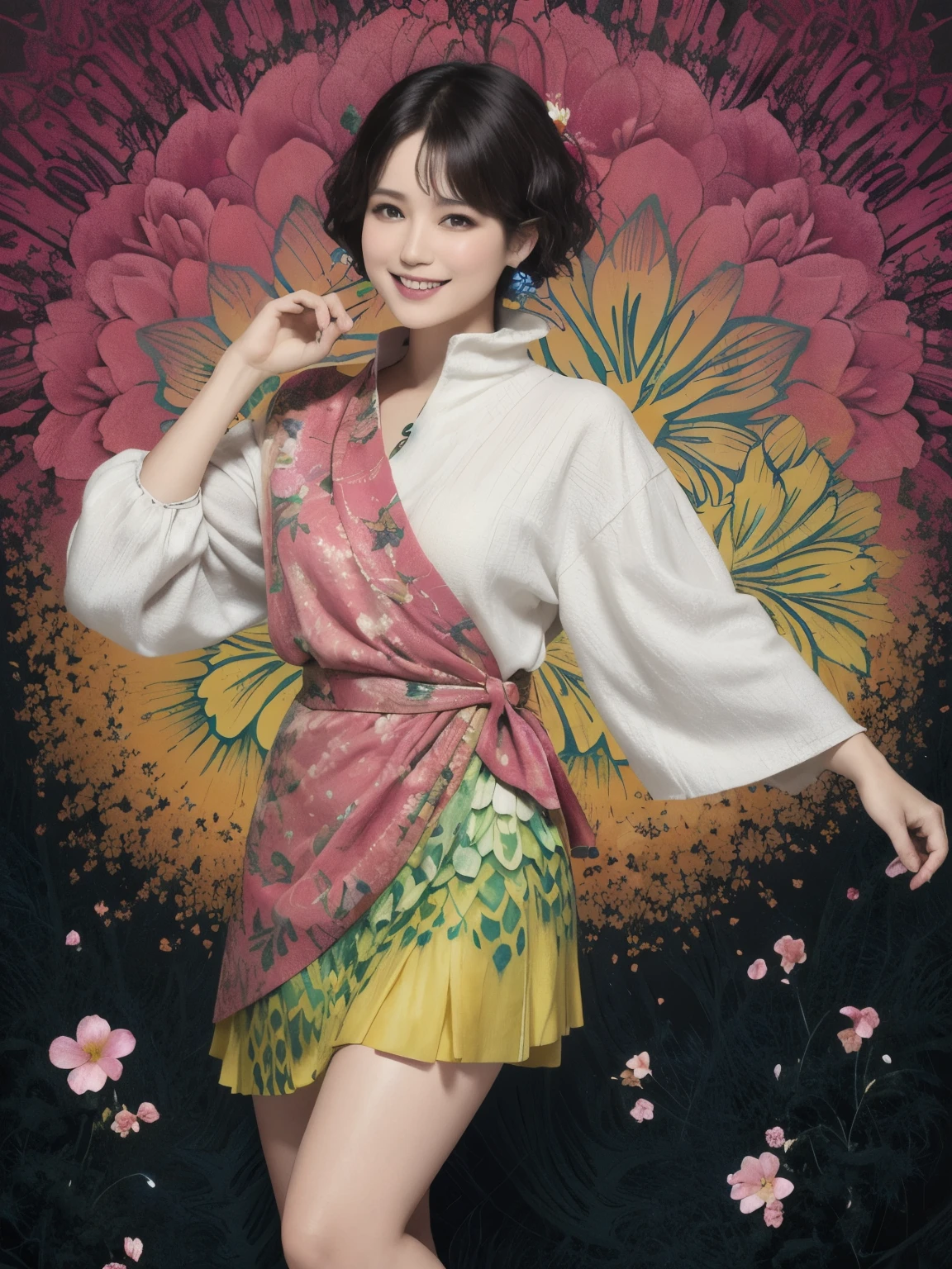 273 (20-year-old woman,short hair), (beautiful:1.2), (Fractal Art:1.1), (flower:1.3), whole body, (Abstract background:1.3), (Many colors:1.4), (Old-fashioned smile), (Hawaii), (Wave:1.1)