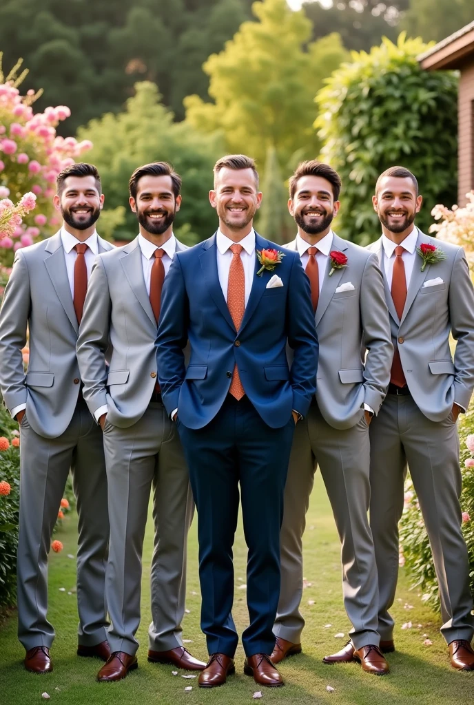 6 groomsmen in light gray chrome suits with terracotta colored ties and the groom in blue suit in the middle