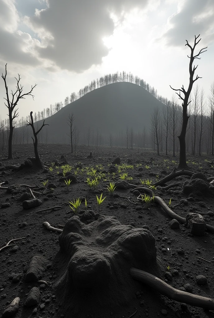 generate a hill struggling to reforest itself after a fire without people black and white color
