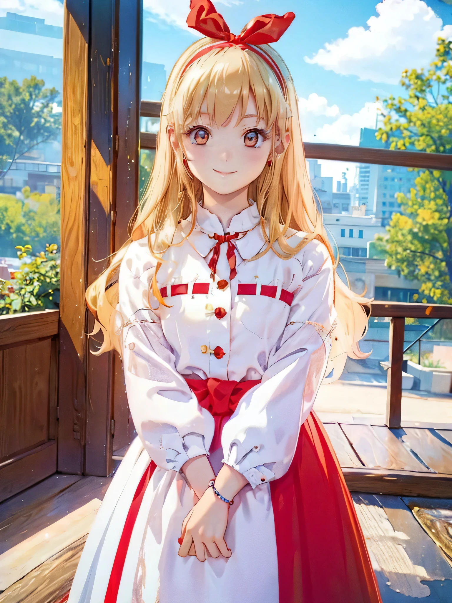 (RED Ribbon on HAIRband:1.2),cowboy shot,,a young GIRL with Blonde hair, smiling, posing on the ROOM, 1girl, jewelry, earrings, solo, realistic, hoop earrings, outdoors, looking at viewer, smile, Blonde hair,