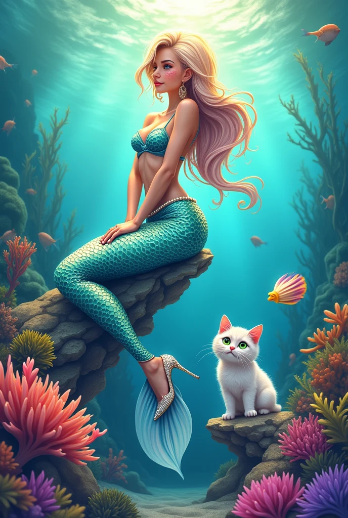 Mermaid logo with heels and a cat