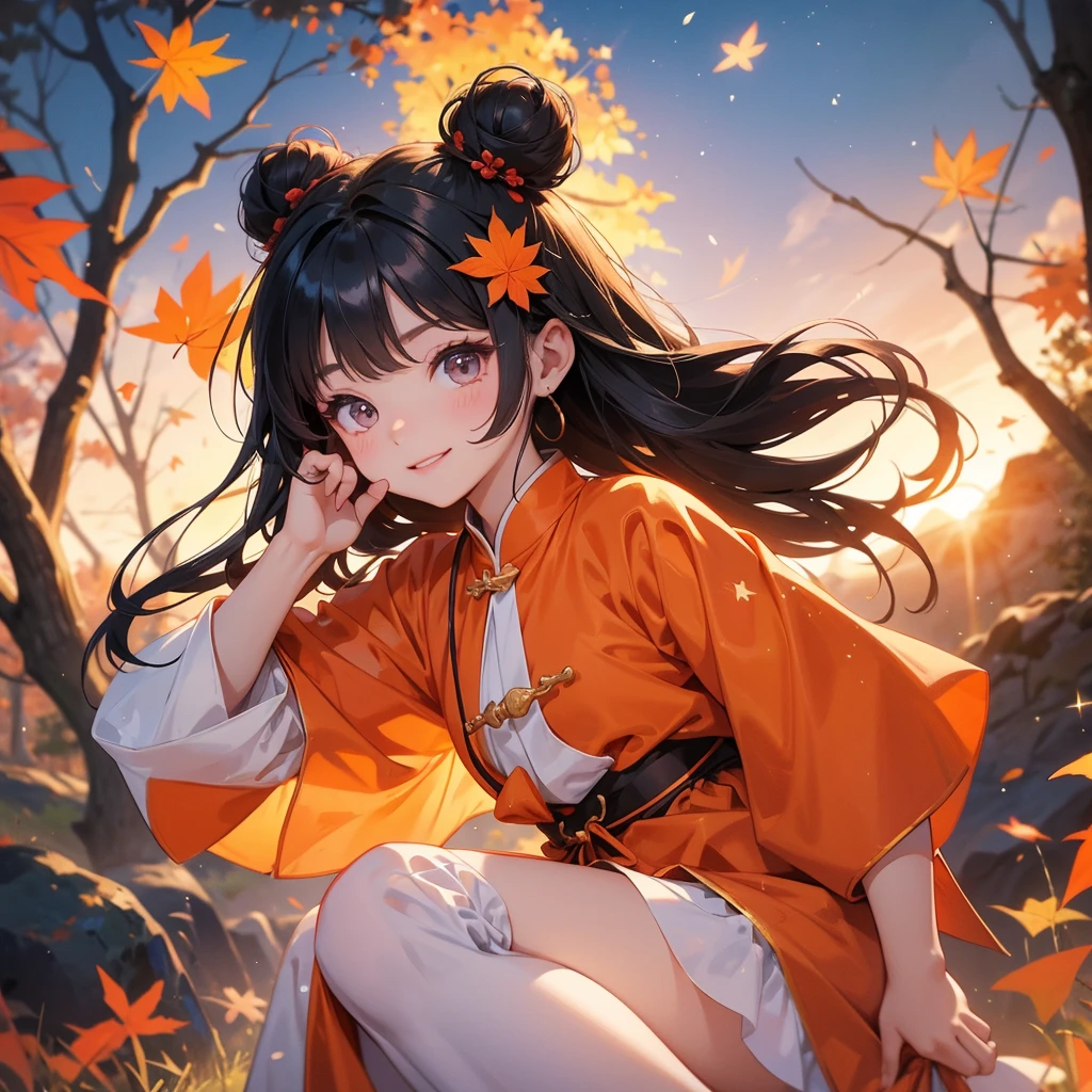 A chibi child girl had a small face and Wearing a little Taoist priest's outfit. A pair of big round eyes shone with curiosity about him. This child was so cute! The backdrop is a mountain that turns orange-red in spring, and maple leaves fall from the trees, her hair is black with two buns on her hair.small chibi, chibi baby, smiling ,Chibi. Sunset.