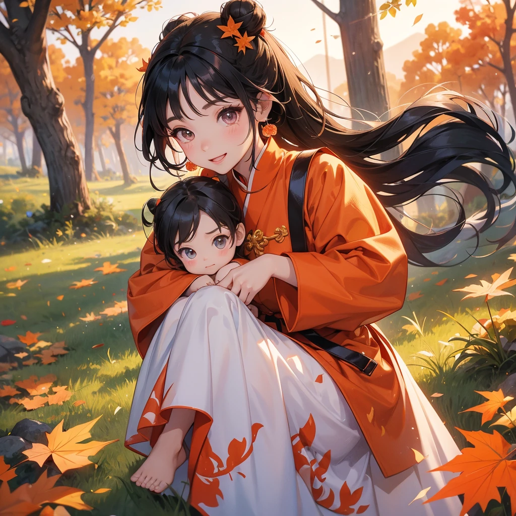 A chibi child girl had a small face and Wearing a little Taoist priest's outfit. A pair of big round eyes shone with curiosity about him. This child was so cute! The backdrop is a mountain that turns orange-red in spring, and maple leaves fall from the trees, her hair is black with two buns on her hair.small chibi, chibi baby, smiling ,Chibi. Sunset.