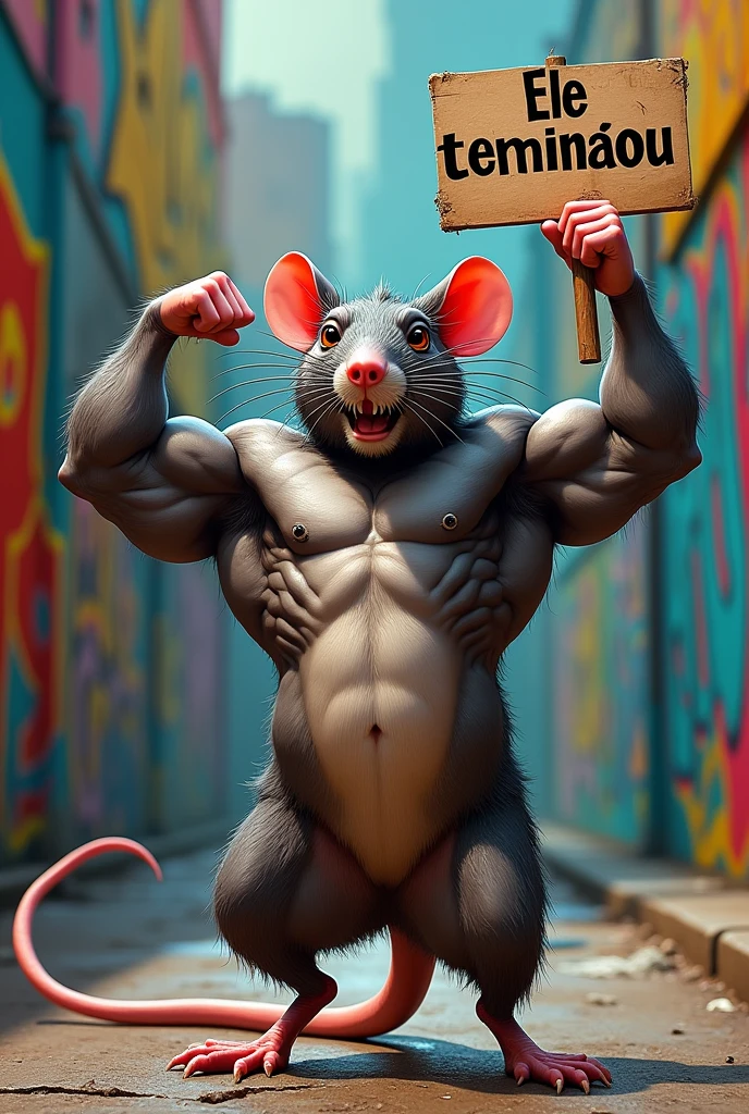 A muscular rat posing showing off his muscles with a sign saying "he finished" In Brazilian Portuguese