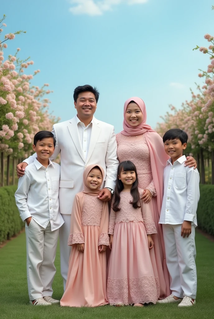 Muslim mother Muslim father Muslim three daughters Muslim two sons in white suits