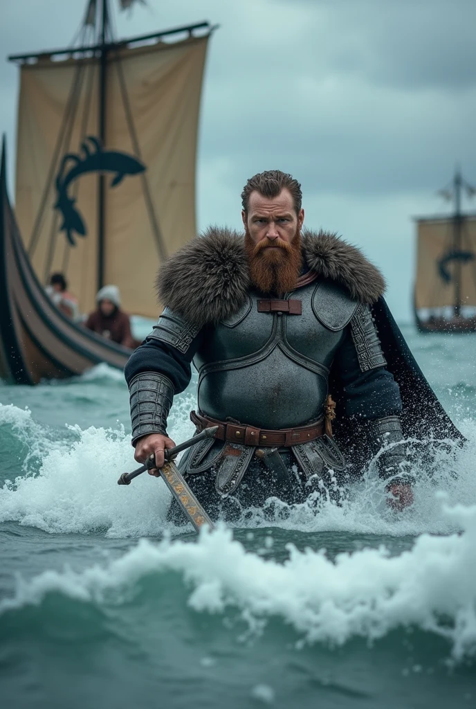 A strong brown haired white man with Viking style armor and weapons, around his 40s. Coming out of the sea water and going to war with a sword in hand. 
In the sea water, boats with sails with the design of a common fish. 