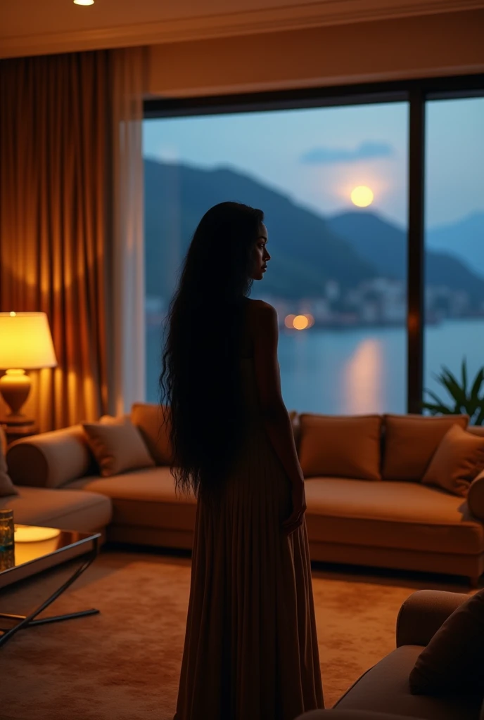 african girl, 19 ans, long black hair, in a large luxury modern living room, tan furniture, dark lighting, night, panoramic view of italy out of the window, naked