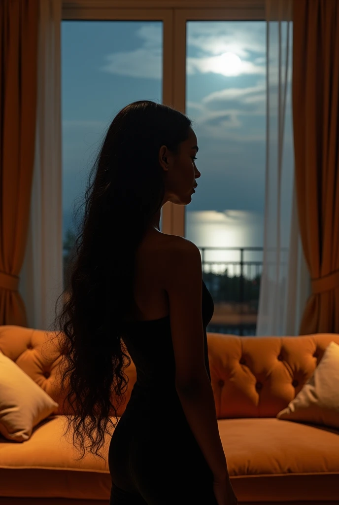 african girl, 19 ans, long black hair, in a large luxury modern living room, tan furniture, dark lighting, night, panoramic view of italy out of the window, naked