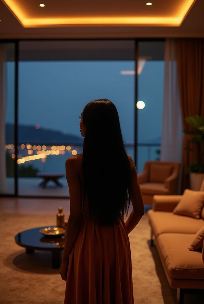 african girl, 19 ans, long black hair, in a large luxury modern living room, tan furniture, dark lighting, night, panoramic view of italy out of the window, naked