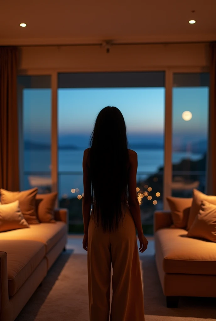 african girl, 19 ans, long black hair, in a large luxury modern living room, tan furniture, dark lighting, night, panoramic view of italy out of the window, naked