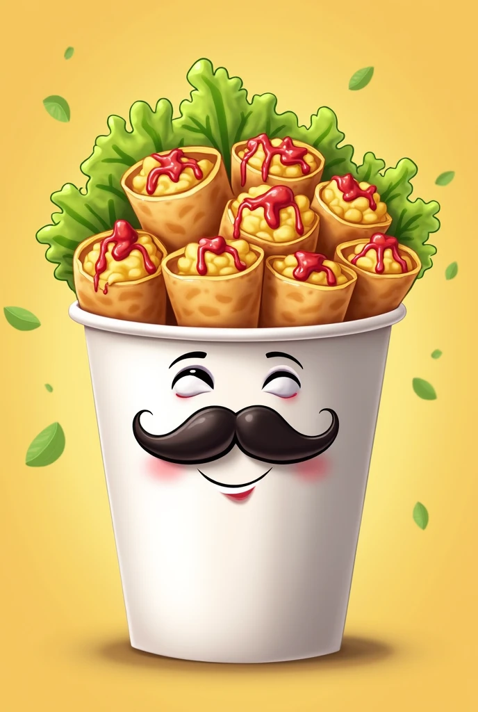 Make me a picture of tacos dorados or Mexican flautas in a white paper cup. I want the same glass where the flutes are to have a mustache.
I want this illustration in cartoon style, for a logo.
Flutes can have lettuce, cheese and cream or sauce 