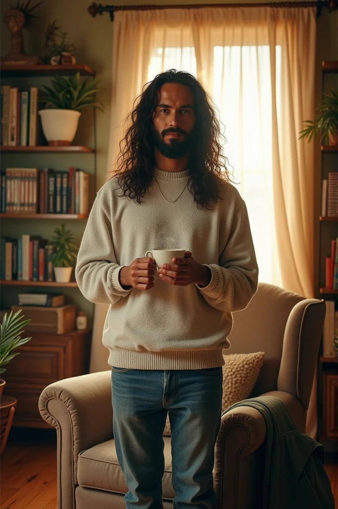 White man with long black hair at home