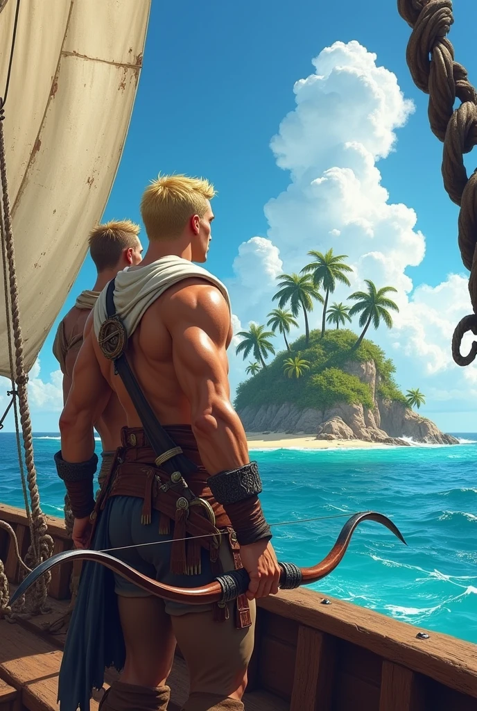 Two mid- twenty men warrior, archers, with bows and arrows made of steel and small daggers in their waists, one is more muscular, and has blond hair color, Crossing the sea, in front of them is a be beautiful Island, using pirate ship,