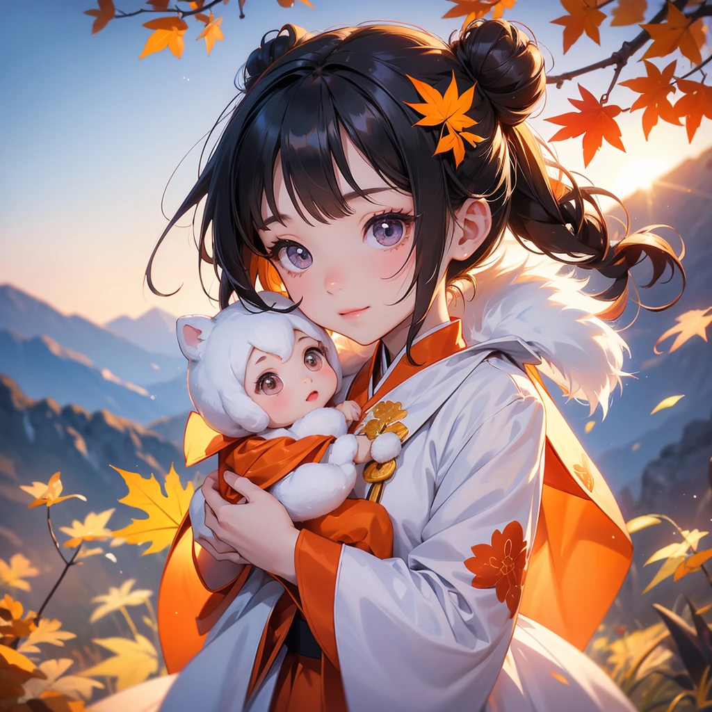 A chibi child girl had a small face and Wearing a little Taoist priest's outfit. A pair of big round eyes shone with curiosity about him. This child was so cute! The backdrop is a mountain that turns orange-red in spring, and maple leaves fall from the trees, her hair is black with two buns on her hair.small chibi, chibi baby, smiling ,Chibi. Sunset.close up
