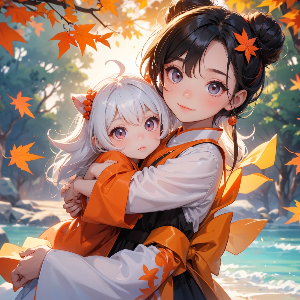 A chibi  girl had a small and Wearing a little Taoist priest's outfit. A pair of big round eyes shone with curiosity about him. This child was te! The backdrop is a mountain that turns orange-red in spring, and maple leaves fall from the trees, her hair is black with two buns on her hair.small chibi, chaby, smiling ,Chibinset.close up
