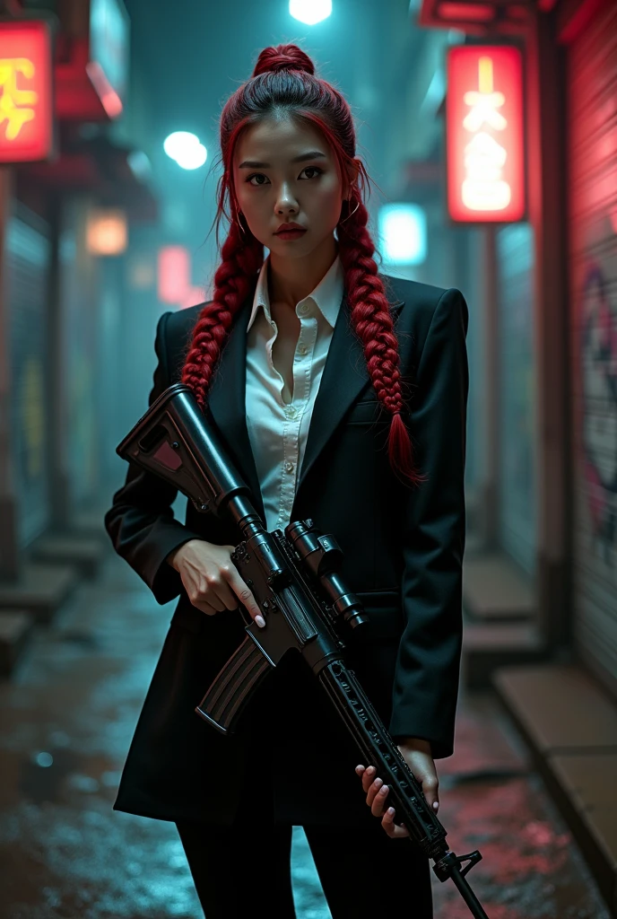 A korean woman,wearing tux with her hair braided in two corn row(hair dyed crimson),holding a m3.16 sniper gun and she is covered in blood. She is standing on with the name nk on the chest