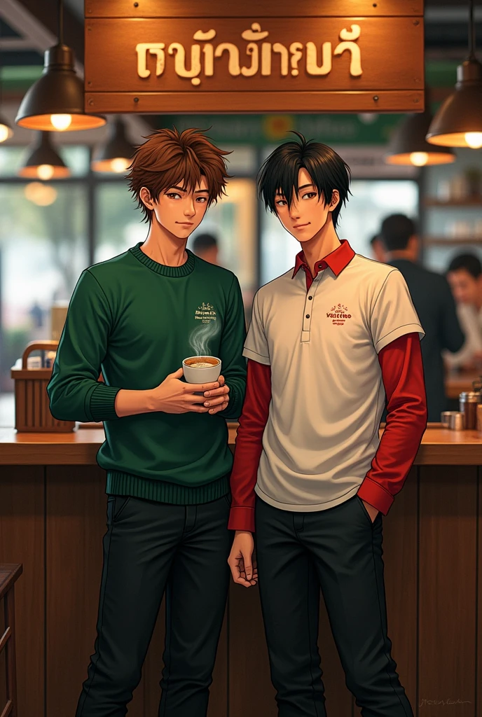 1 Japanese man,brown hair,Green short-sleeved shirt with the words Chiaki The Sego Thailland 1 written on it.,Black sweater,black pants,black shoes,Holding a cup of hot coffee,1 Japanese man,black hair,White short-sleeved shirt with the words Marvelous The Sego Thailland 1 written on it.,red long sleeve shirt,black pants,black shoes,Shop sign with love and coffee in Thai language
